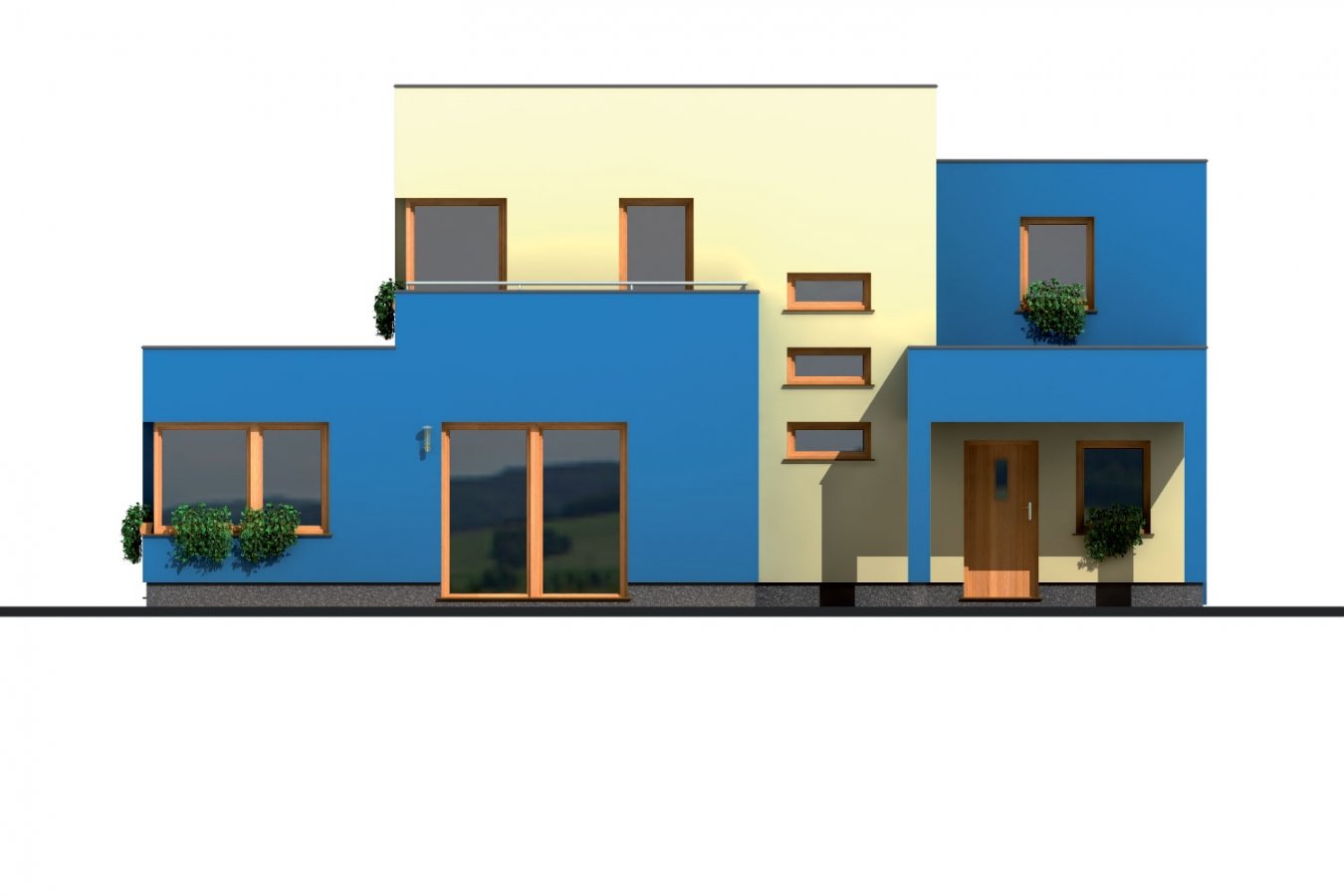 Zrkadlový pohľad 3. - Projekt moderního rodinného domu s plochou střechou, pokojem v přízemí a garáží.
