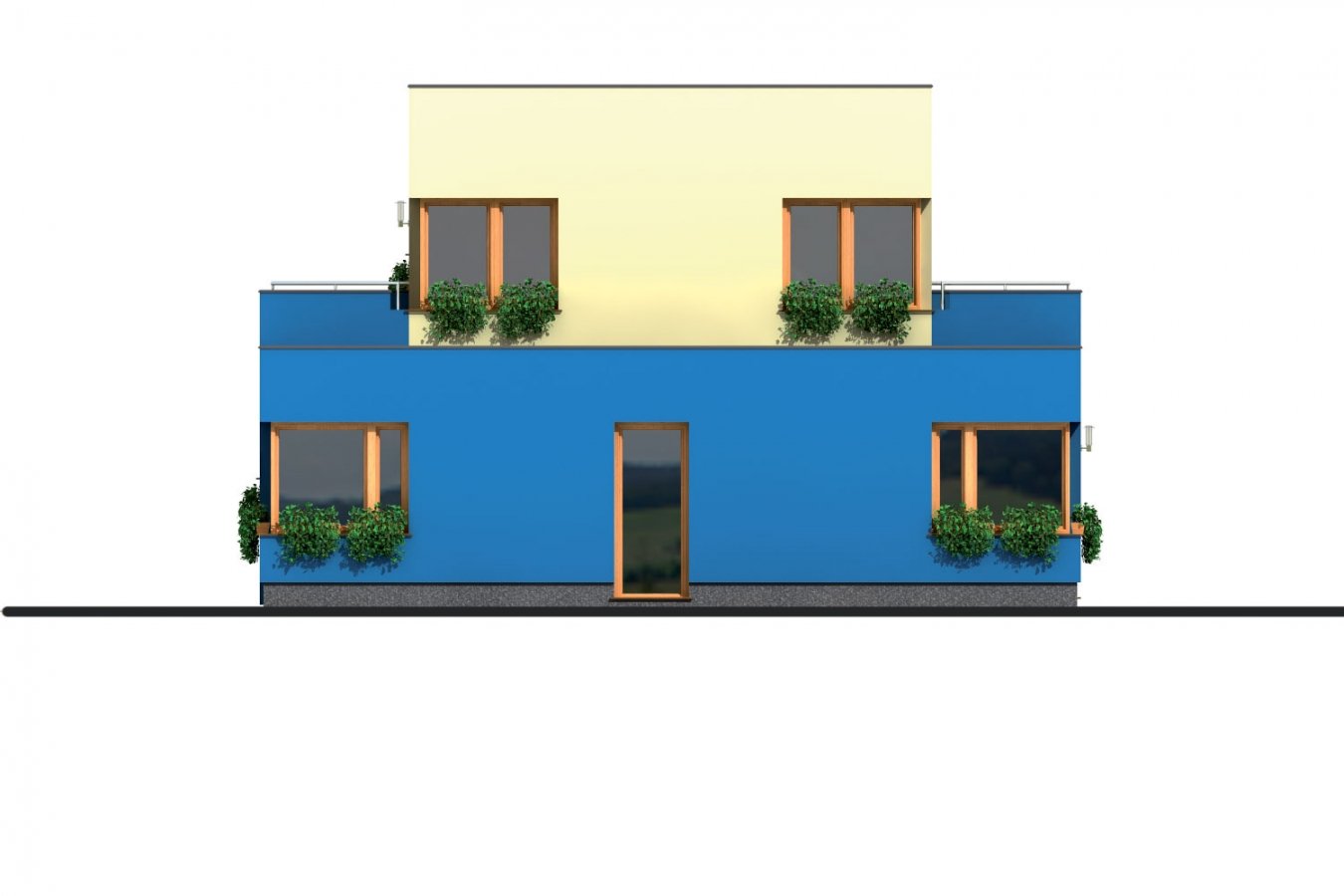 Zrkadlový pohľad 4. - Projekt moderního rodinného domu s plochou střechou, pokojem v přízemí a garáží.