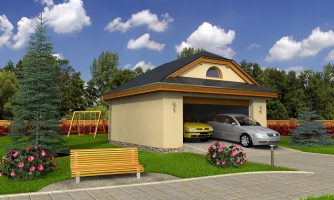 Garáž pro 2 auta s širokými garážovými dveřmi, má polvalbovú střechu