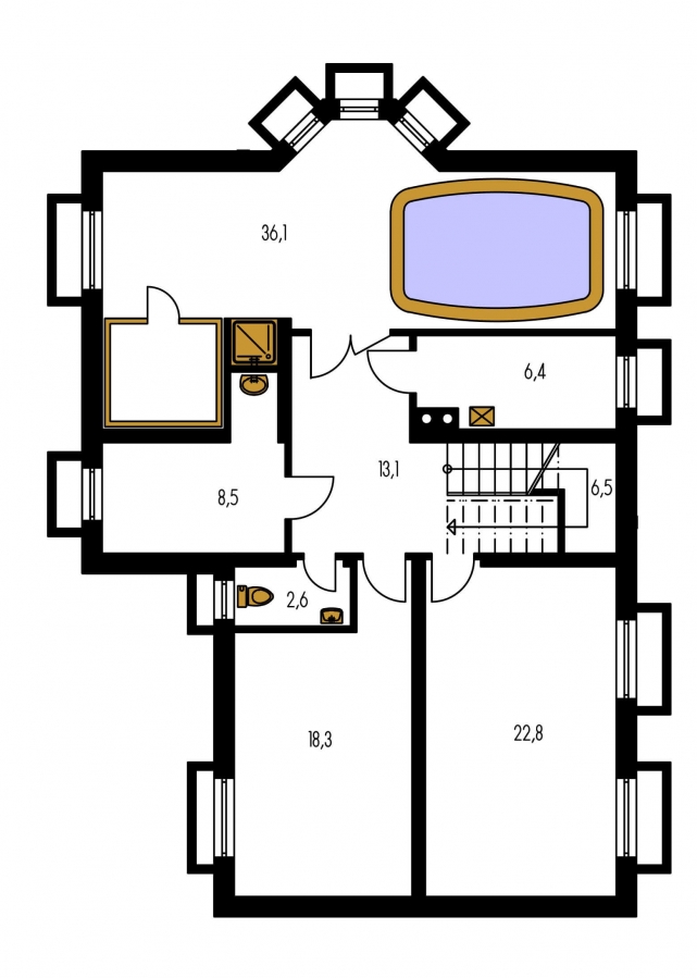 Pôdorys Suterénu - Rodinný dům podsklepený s obytným podkrovím. Možnost realizovat jako dvougenerační rodinný dům.