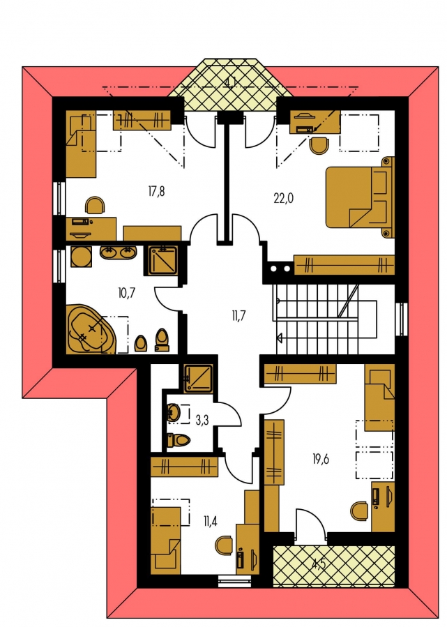 Pôdorys Poschodia - Rodinný dům podsklepený s obytným podkrovím. Možnost realizovat jako dvougenerační rodinný dům.