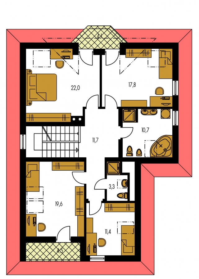 Pôdorys Poschodia - Rodinný dům podsklepený s obytným podkrovím. Možnost realizovat jako dvougenerační rodinný dům.
