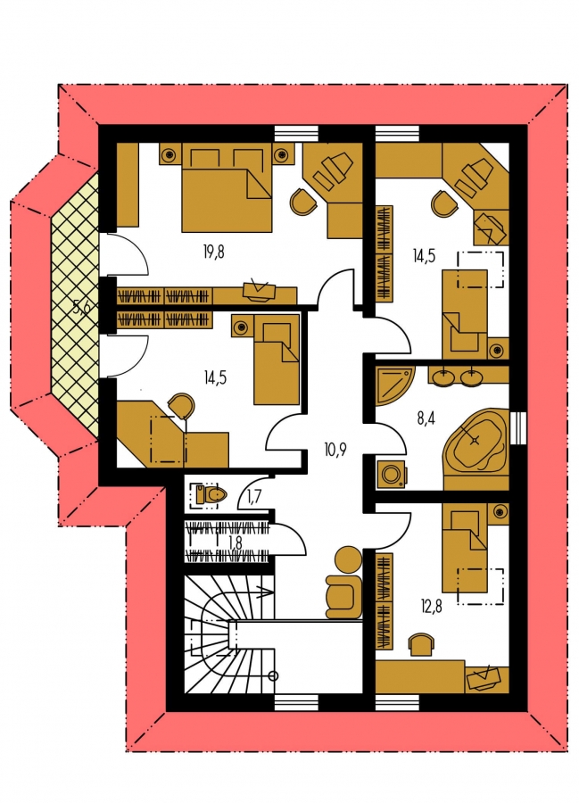Pôdorys Poschodia - Elegantní dům s podkrovím, garáží a pokojem v přízemí.
