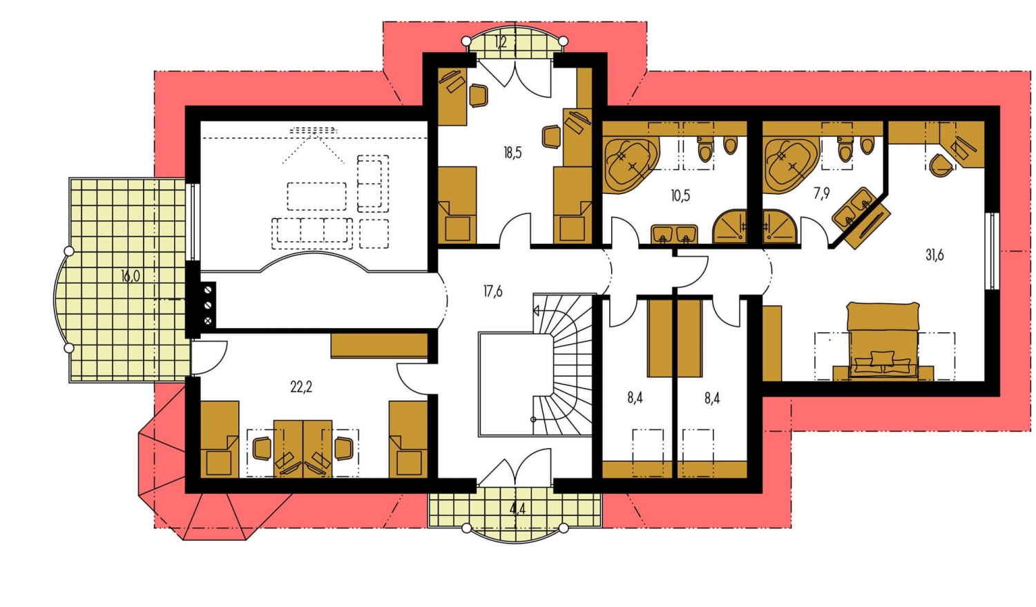 Pôdorys Poschodia - Velký podsklepený rodinný dům s dvojgaráží a sedlovou střechou. Možnost dvougeneračního bydlení.