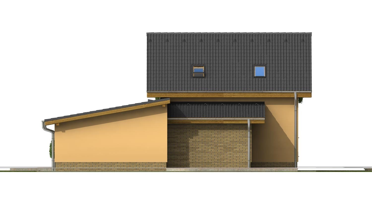 Pohľad 3. - Souhra pultové a sedlové střechy. Možnost změny vstupu do garáže.