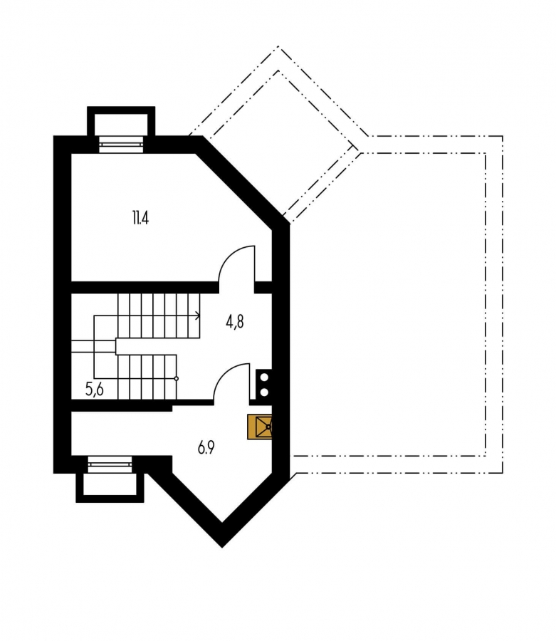 Pôdorys Suterénu - Atypický dům se suterénem a prostornou obývákem.
