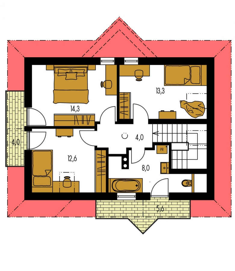 Pôdorys Poschodia - Atypický dům se suterénem a prostornou obývákem.