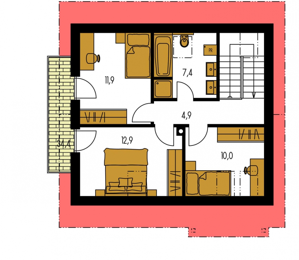 Pôdorys Poschodia - Podkrovní dům vhodný na malý pozemek i jako chata.