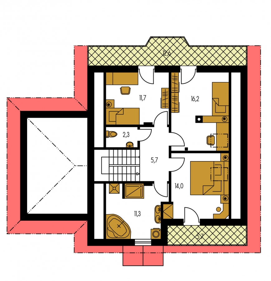 Pôdorys Poschodia - Podkrovní dům s garáží, vhodný i jako dvojdům při spojení garážemi.