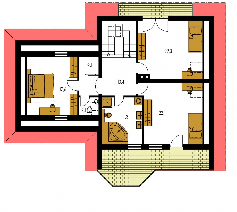 Pôdorys Poschodia - Dům s pokojem v přízemí, rozlehlým suterénem, ​​obytným podkrovím a garáží.