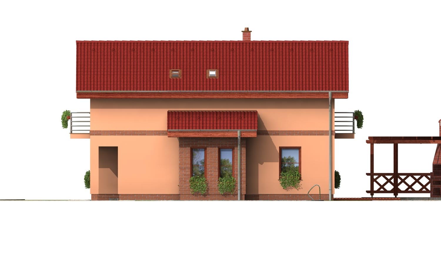 Pohľad 4. - Poschoďový rodinný dům se sedlovou střechou a garáží.