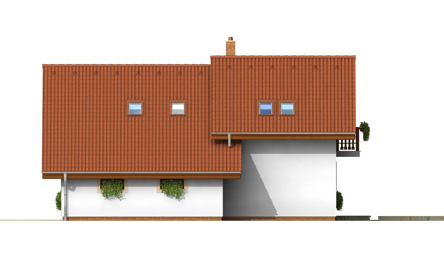 Pohľad 4. - Dům se sedlovou střechou, garáží a pracovnou v přízemí.