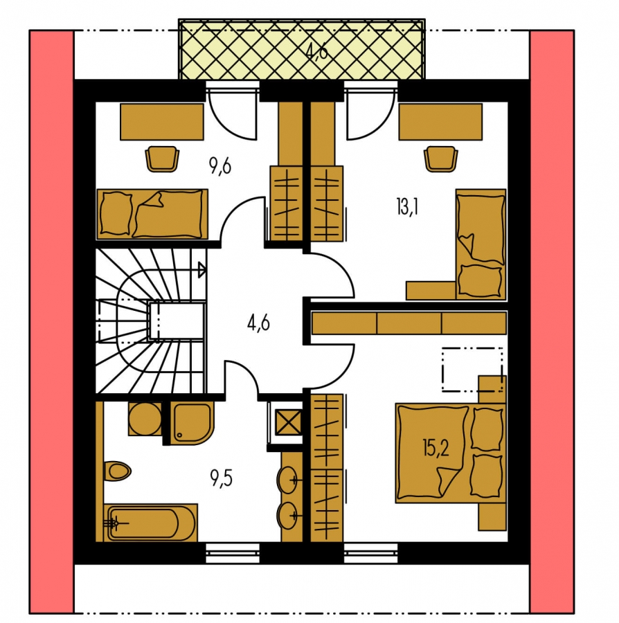 Pôdorys Poschodia - 4-pokojový dům na úzký pozemek s obytným podkrovím.