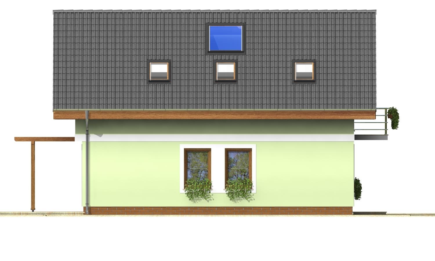 Zrkadlový pohľad 2. - Projekt jednoduchého domu na úzký pozemek s čelním vstupem.
