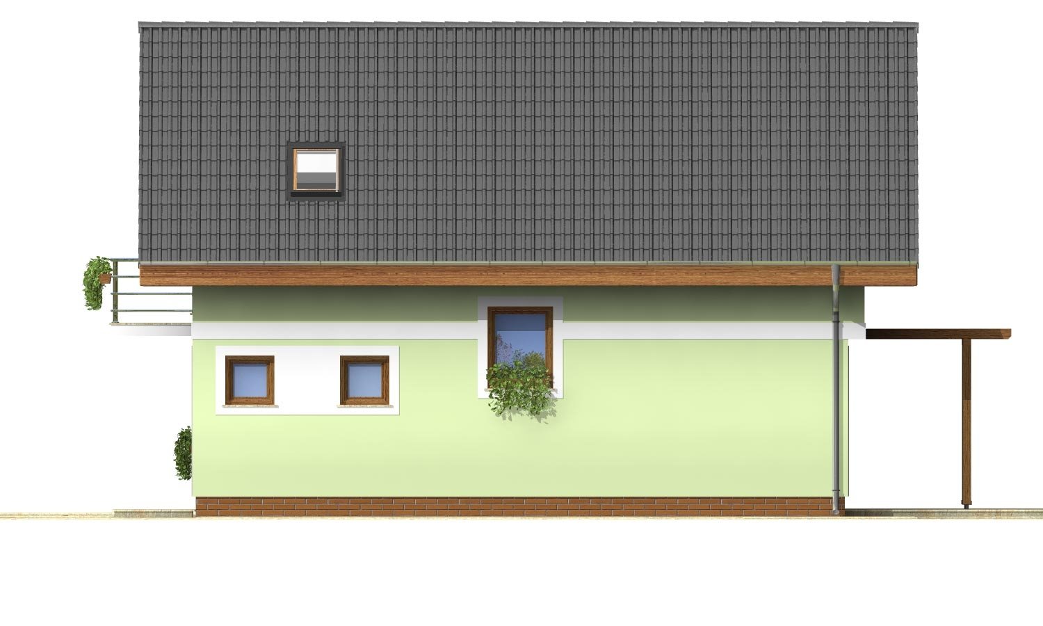 Pohľad 4. - Projekt jednoduchého domu na úzký pozemek s čelním vstupem.