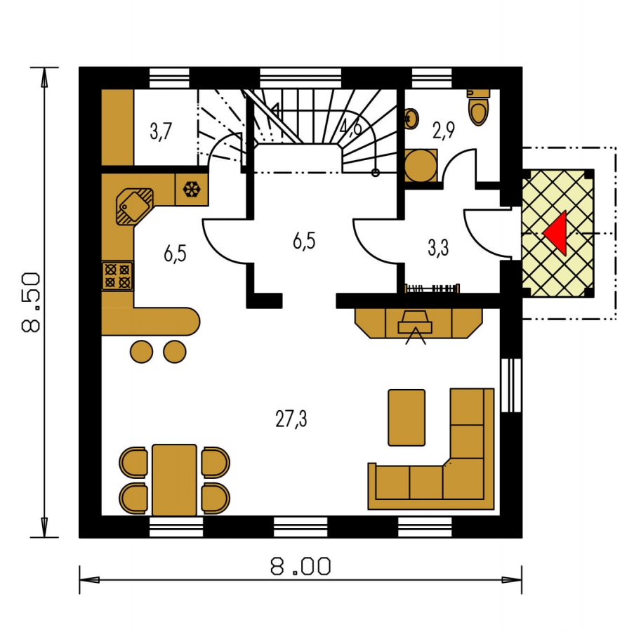 Pôdorys Prízemia - Menší 3-pokojový podkrovní rodinný dům na užší pozemek, vhodný i jako chata.