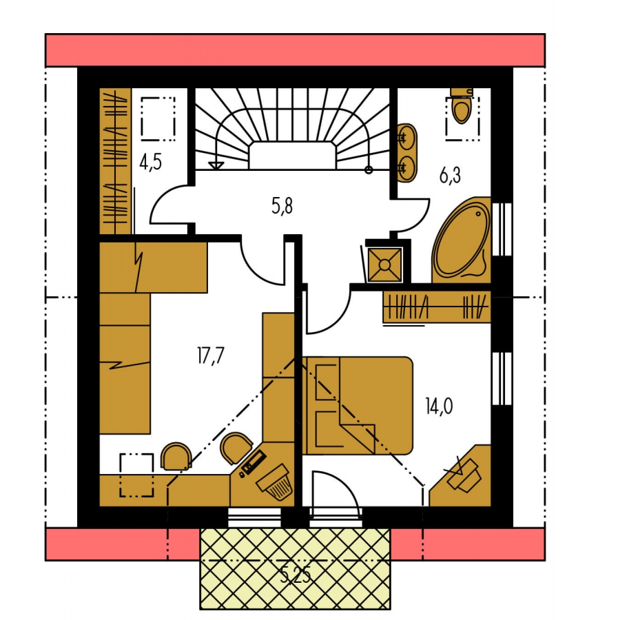 Pôdorys Poschodia - Menší 3-pokojový podkrovní rodinný dům na užší pozemek, vhodný i jako chata.