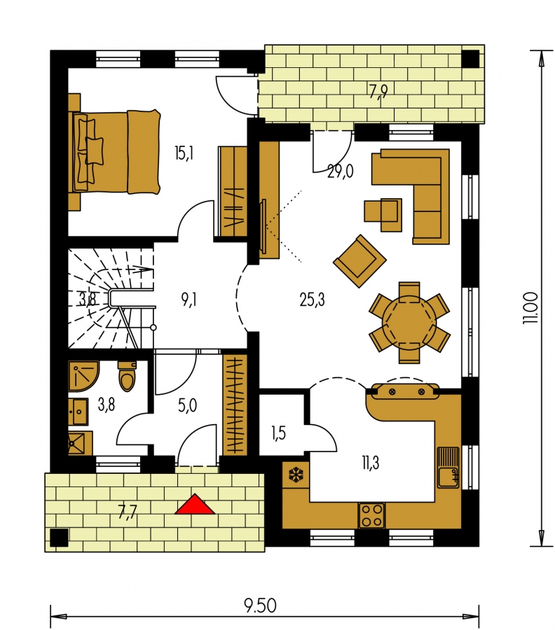 Pôdorys Prízemia - 5-pokojový rodinný dům s pokojem v přízemí, obytným podkrovím a překrytou terasou.