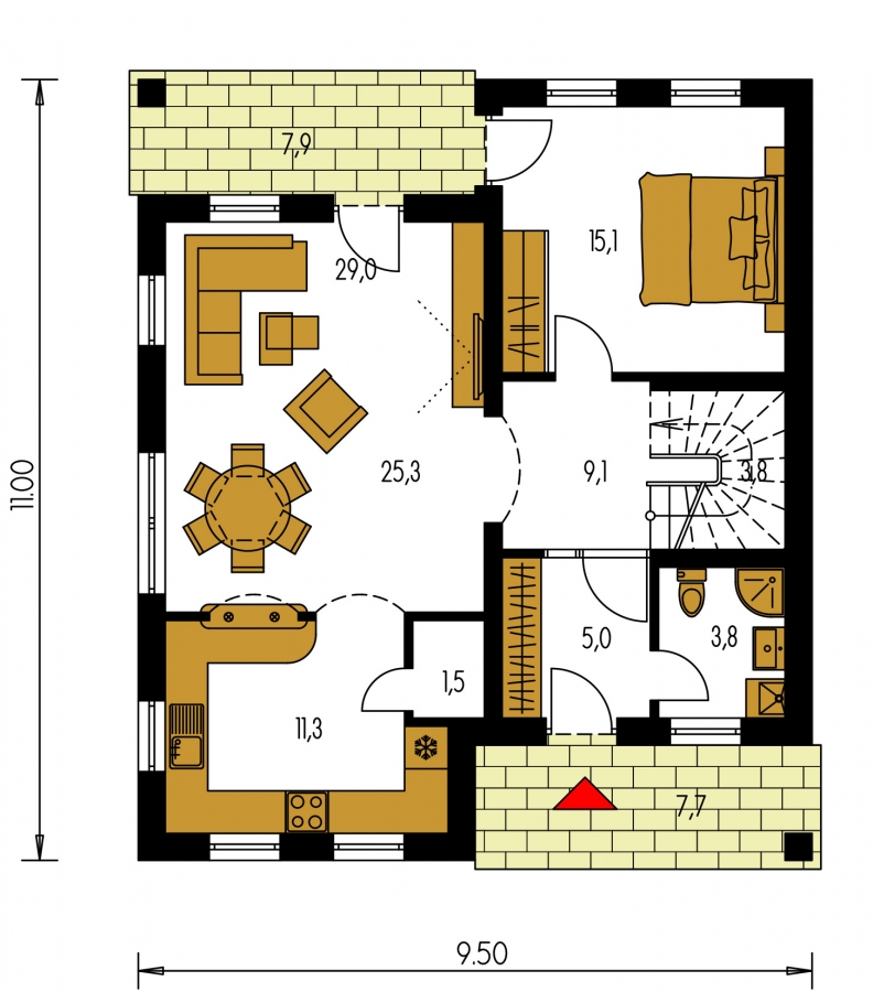 Pôdorys Prízemia - 5-pokojový rodinný dům s pokojem v přízemí, obytným podkrovím a překrytou terasou.