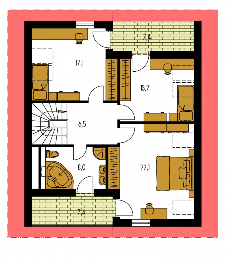 Pôdorys Poschodia - 5-pokojový rodinný dům s pokojem v přízemí, obytným podkrovím a překrytou terasou.