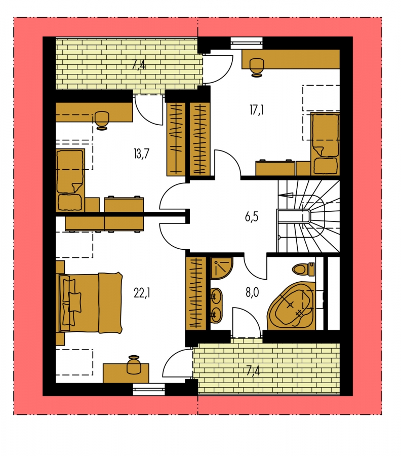Pôdorys Poschodia - 5-pokojový rodinný dům s pokojem v přízemí, obytným podkrovím a překrytou terasou.