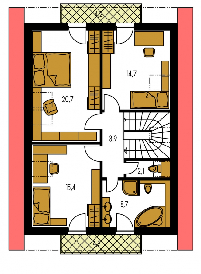 Pôdorys Poschodia - Rodinný dům na úzký pozemek pro 4-5 člennou rodinu.