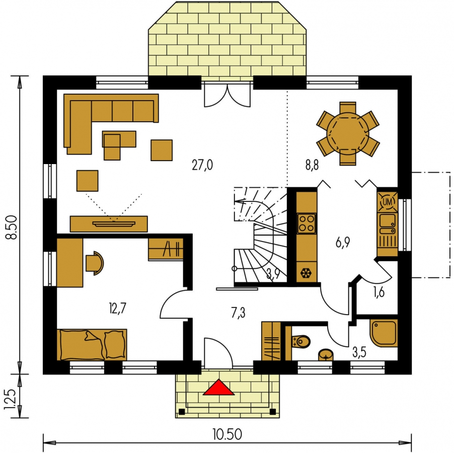 Pôdorys Prízemia - Malý dům s 5-ti místnostmi a s pokojem v přízemí.