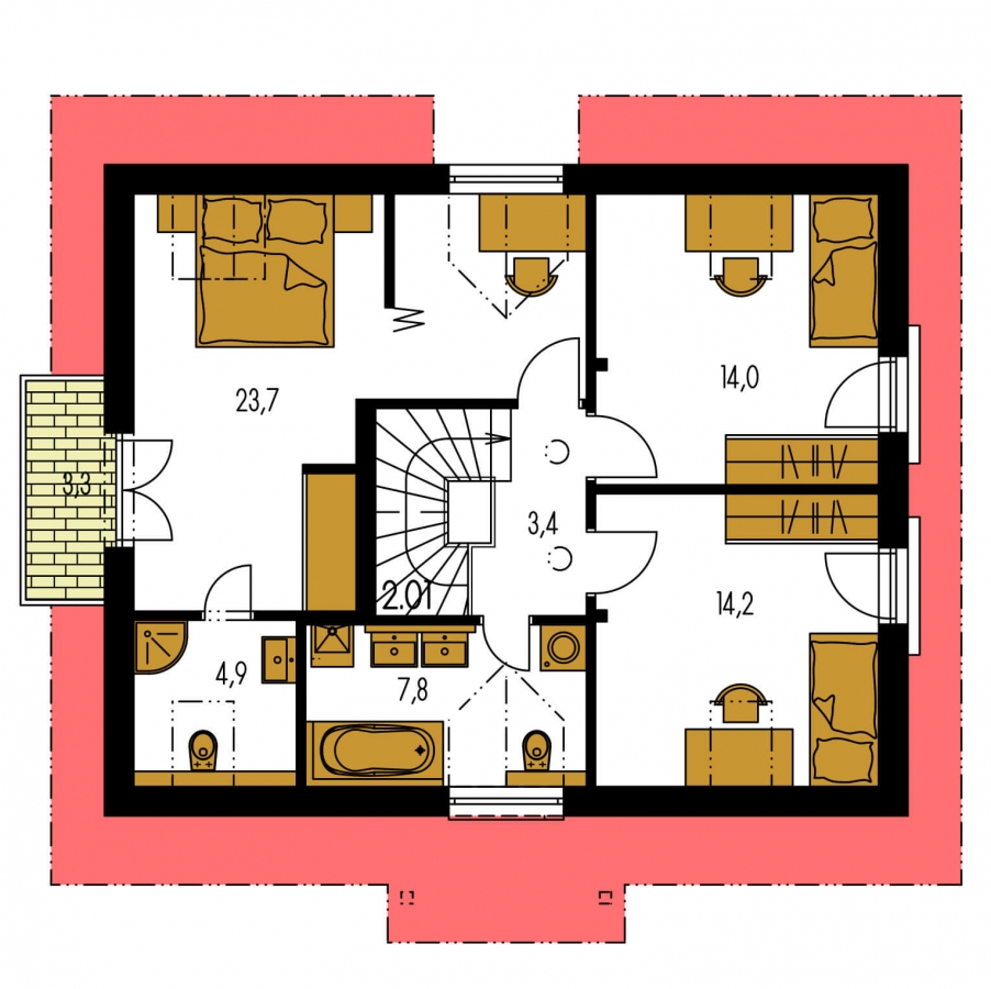 Pôdorys Poschodia - Malý dům s 5-ti místnostmi a s pokojem v přízemí.