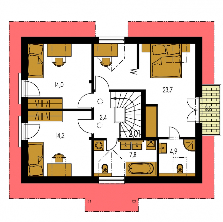 Pôdorys Poschodia - Malý dům s 5-ti místnostmi a s pokojem v přízemí.