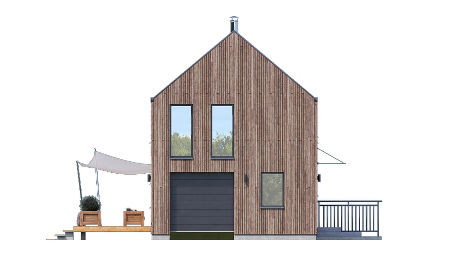 Pohľad 1. - Projekt moderního domu s garáží, který je vhodný i na úzký pozemek.