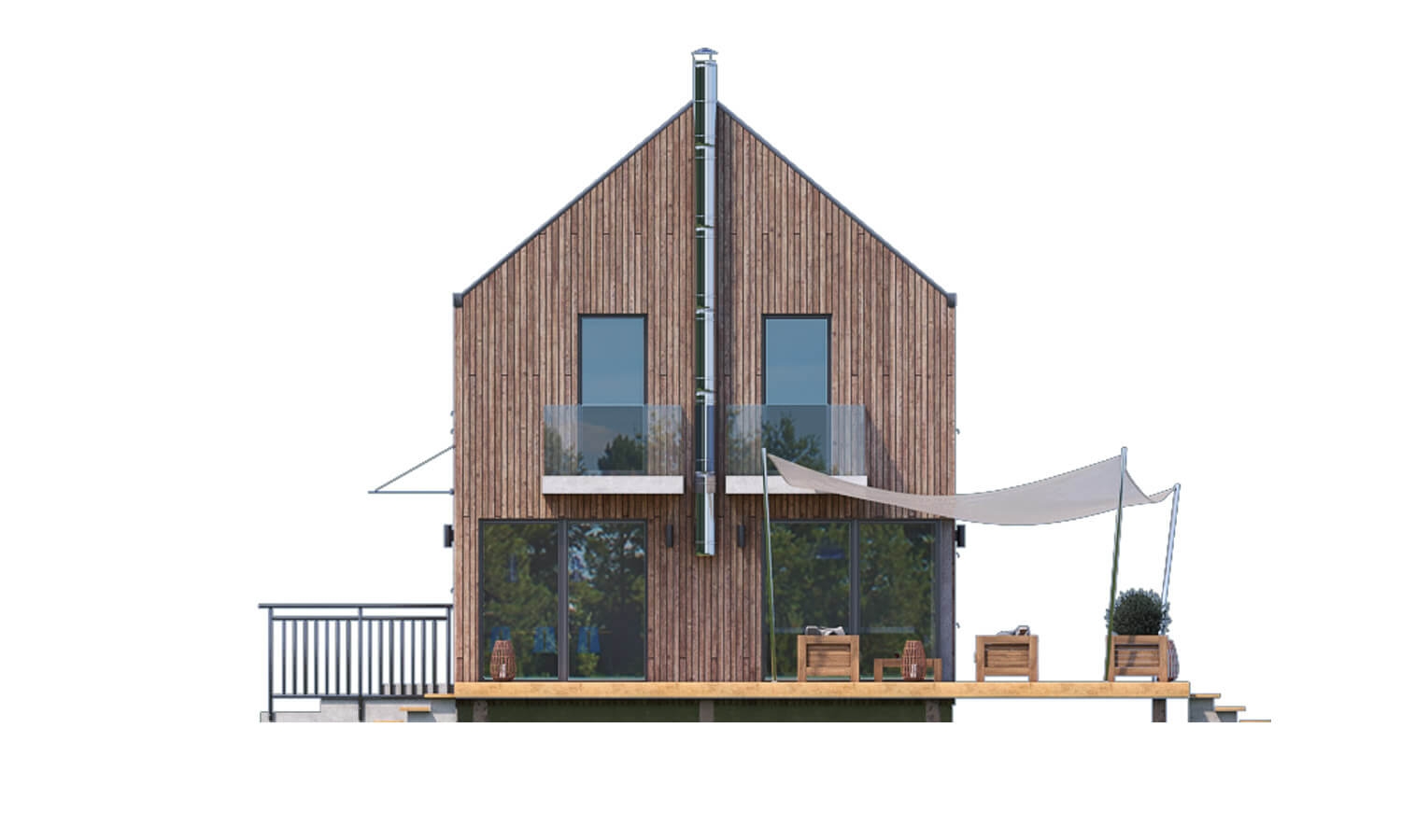 Pohľad 3. - Projekt moderního domu s garáží, který je vhodný i na úzký pozemek.
