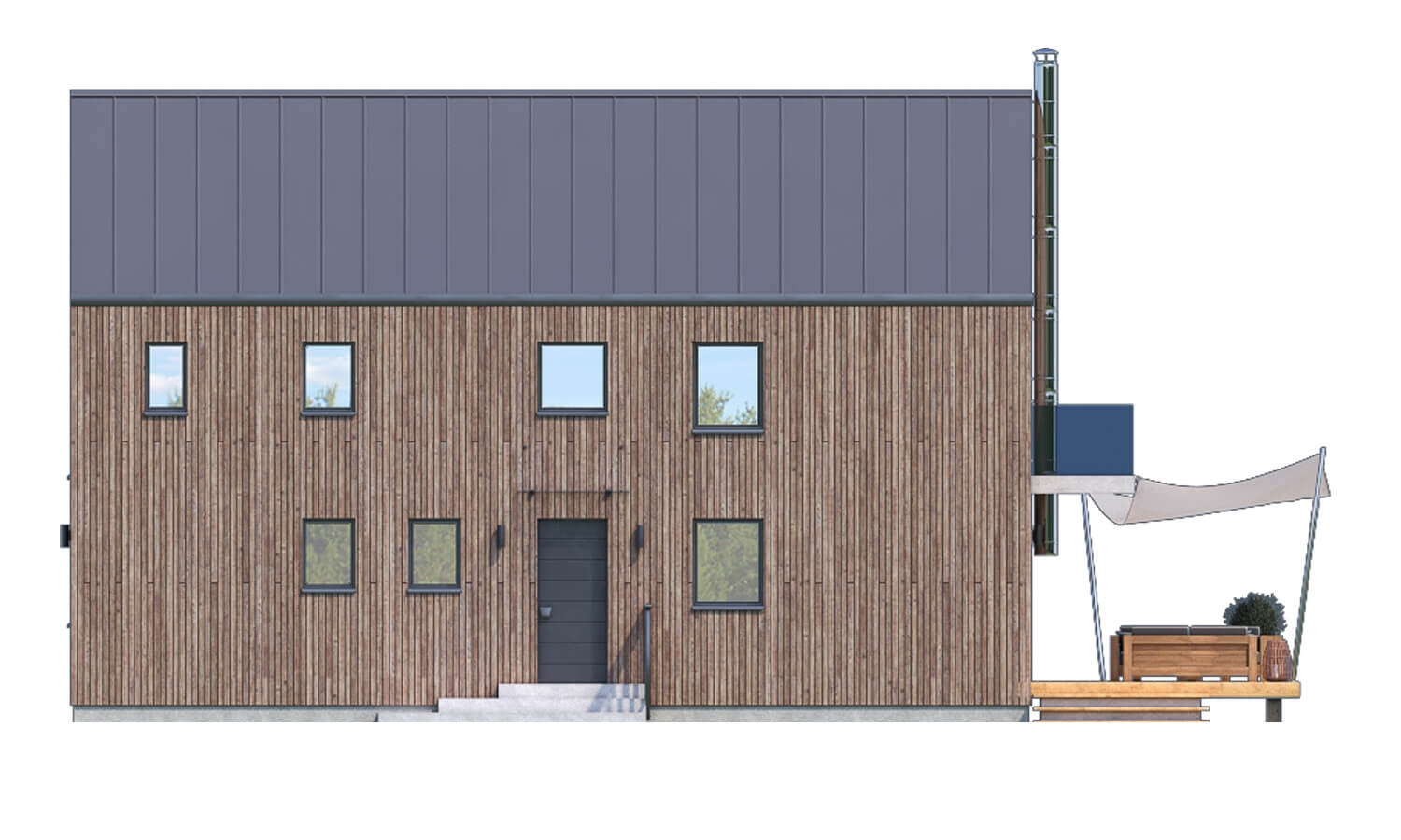 Pohľad 2. - Projekt moderního domu s garáží, který je vhodný i na úzký pozemek.