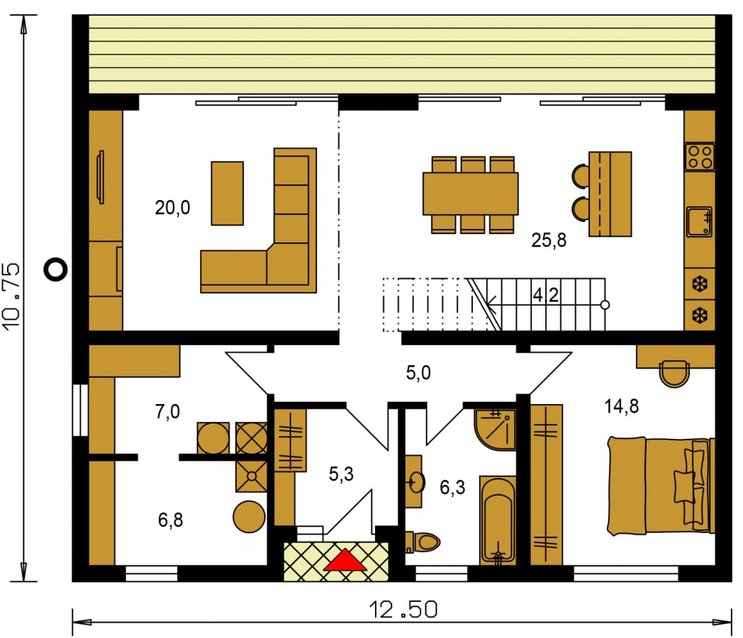 Pôdorys Prízemia - Moderní 4 pokojový rodinný dům s množstvím úložného prostoru, ložnicí v přízemí a prostornou galerií.
