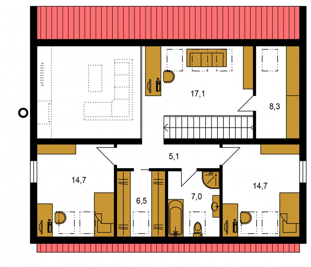 Pôdorys Poschodia - Moderní 4 pokojový rodinný dům s množstvím úložného prostoru, ložnicí v přízemí a prostornou galerií.