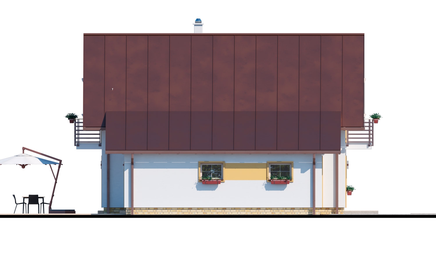 Zrkadlový pohľad 4. - Rodinný dům s přistavěnou garáží, pracovnou v přízemí, třemi pokoji na patře a krbem.