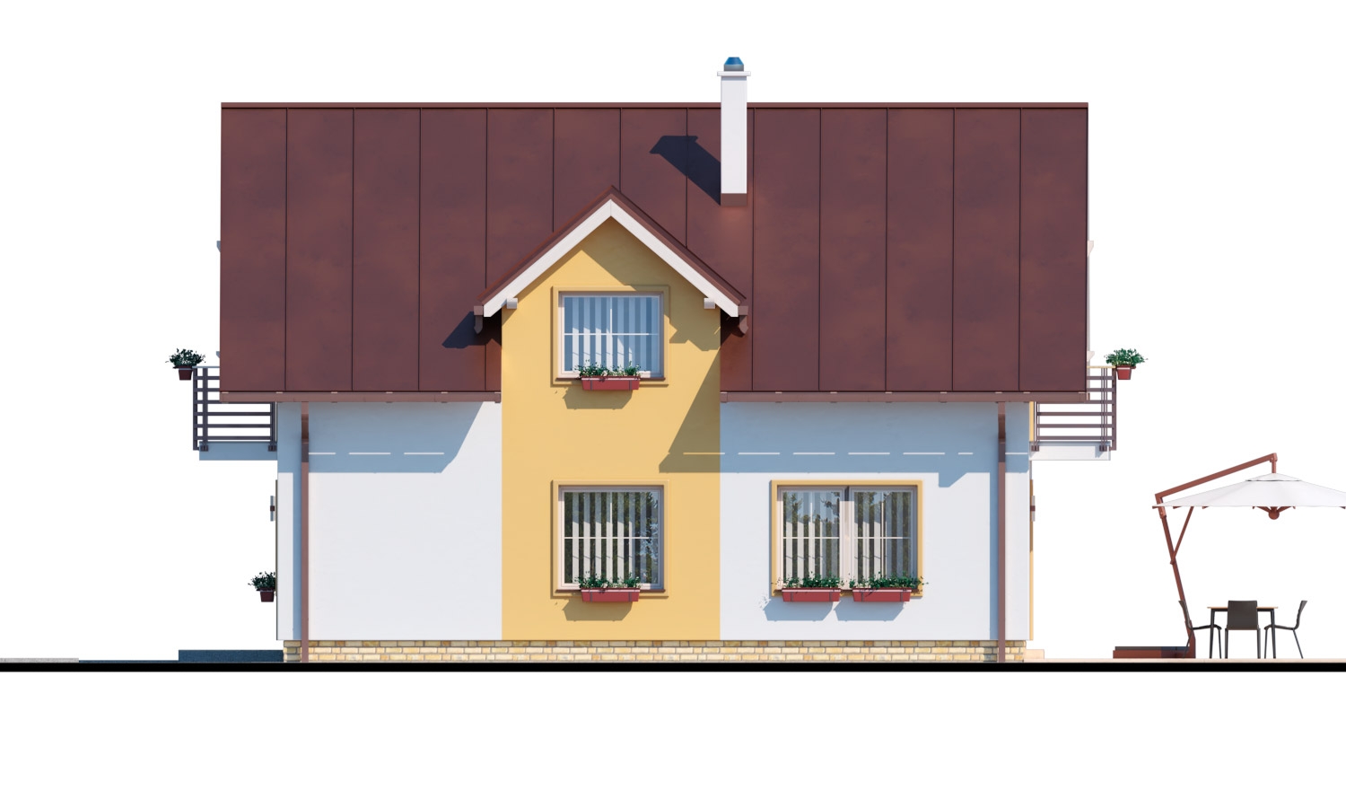 Zrkadlový pohľad 2. - Rodinný dům s přistavěnou garáží, pracovnou v přízemí, třemi pokoji na patře a krbem.
