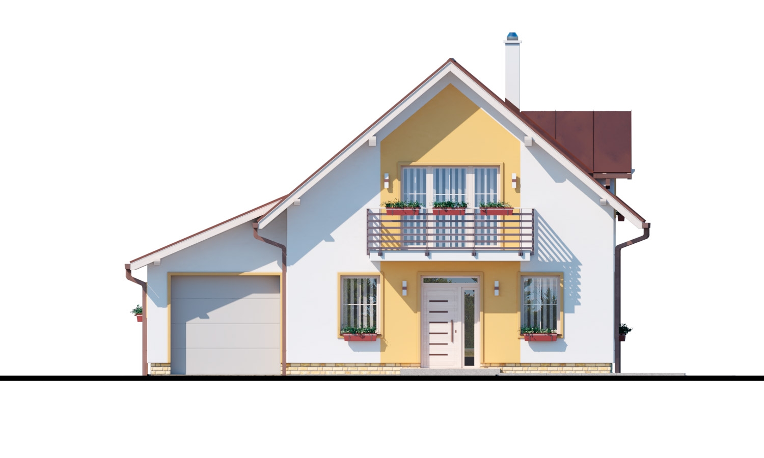 Pohľad 1. - Rodinný dům s přistavěnou garáží, pracovnou v přízemí, třemi pokoji na patře a krbem.