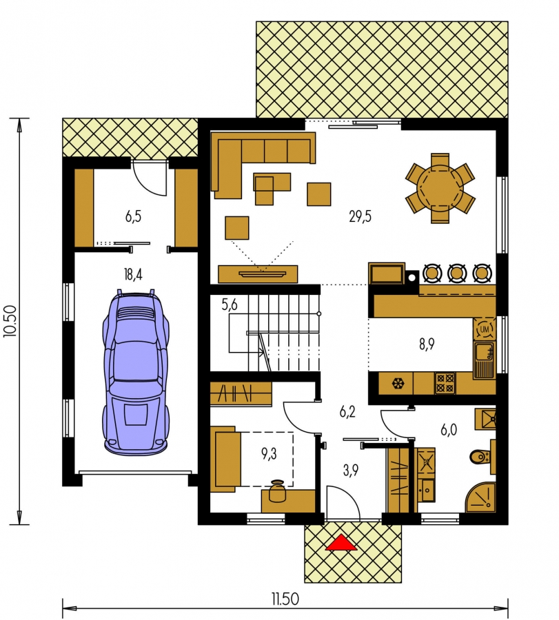 Pôdorys Prízemia - Rodinný dům s přistavěnou garáží, pracovnou v přízemí, třemi pokoji na patře a krbem.