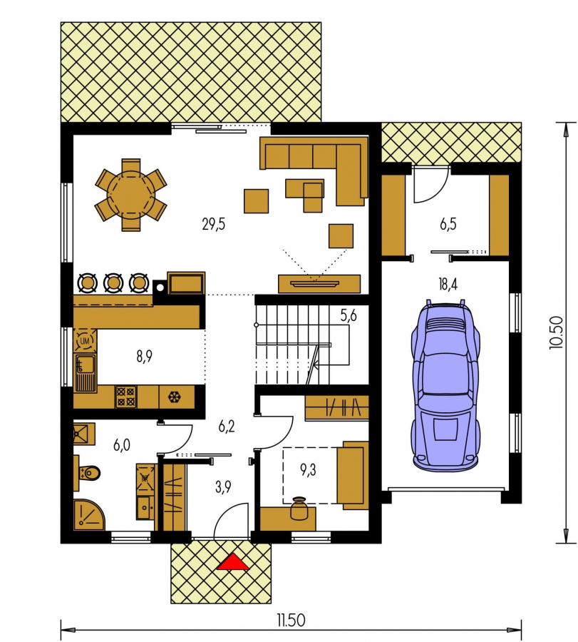Pôdorys Prízemia - Rodinný dům s přistavěnou garáží, pracovnou v přízemí, třemi pokoji na patře a krbem.