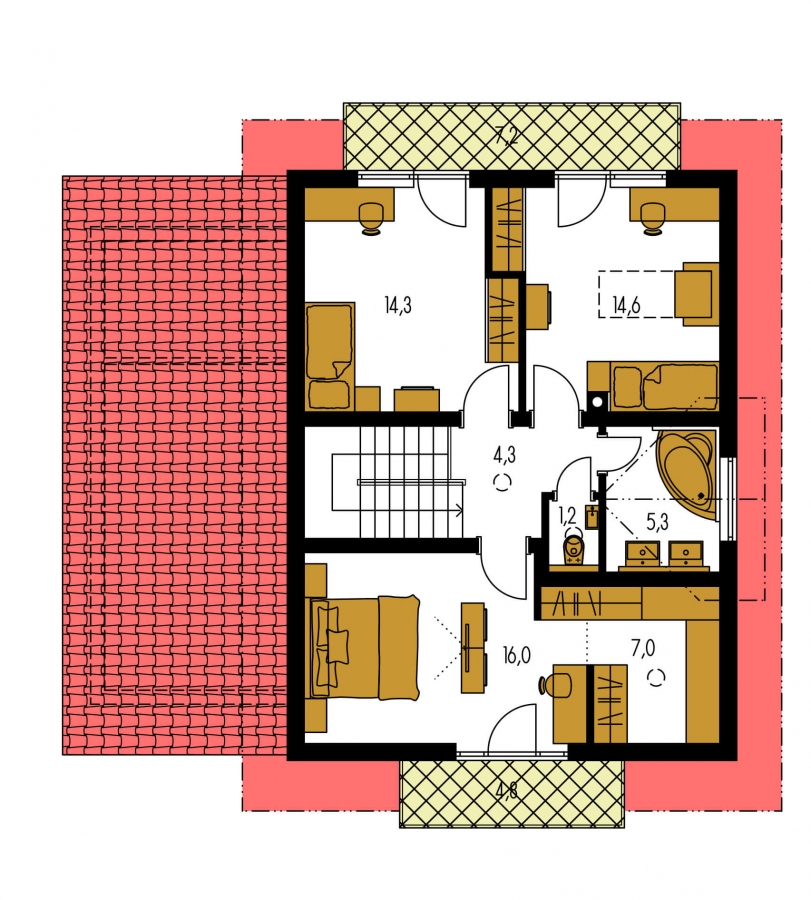 Pôdorys Poschodia - Rodinný dům s přistavěnou garáží, pracovnou v přízemí, třemi pokoji na patře a krbem.