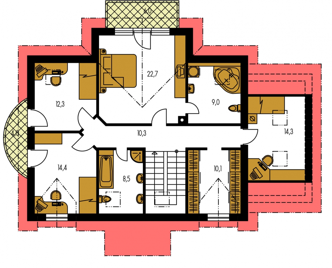 Pôdorys Poschodia - Zajímavý dům pro větší rodinu s garáží a pokojem v přízemí.