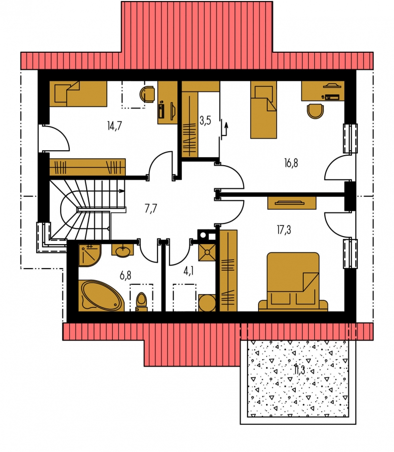Pôdorys Poschodia - Moderní dům s obytným podkrovím a garáží.
