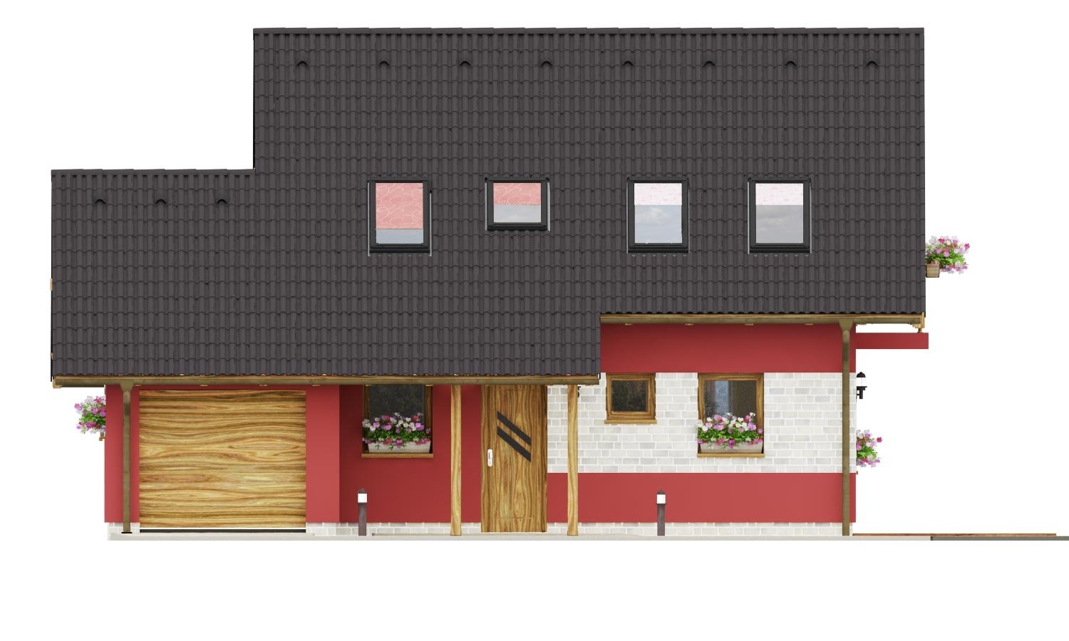 Pohľad 1. - Malý dům se sedlovou střechou a garáží.