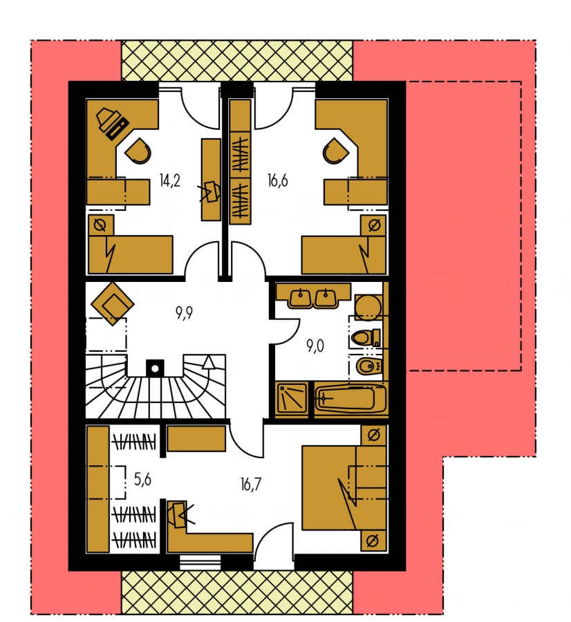 Pôdorys Poschodia - Velký dům s pokojem i na přízemí vhodný pro bydlení 5-6 členné rodiny.