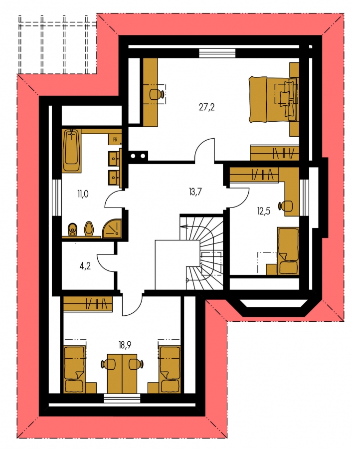 Pôdorys Poschodia - Rodinný dům se suterénem, ​​velkými pokoji a garáží.