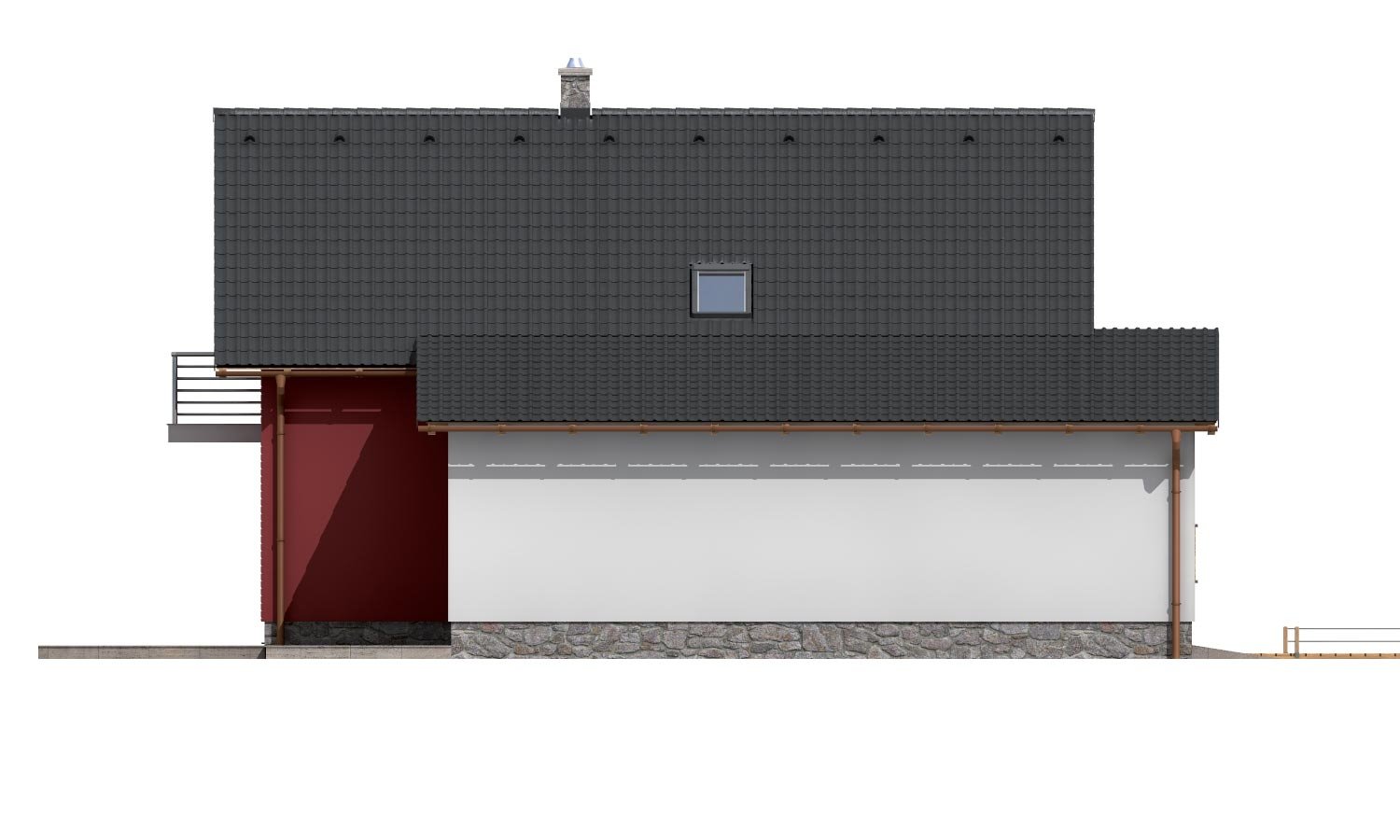 Pohľad 2. - Moderní rodinný dům s garáží a terasou na patře.