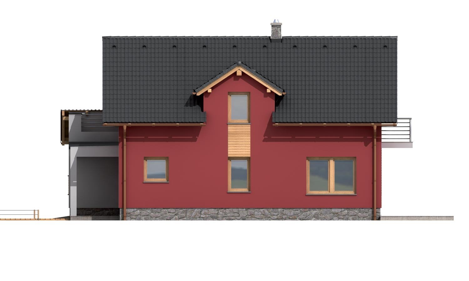 Pohľad 4. - Moderní rodinný dům s garáží a terasou na patře.