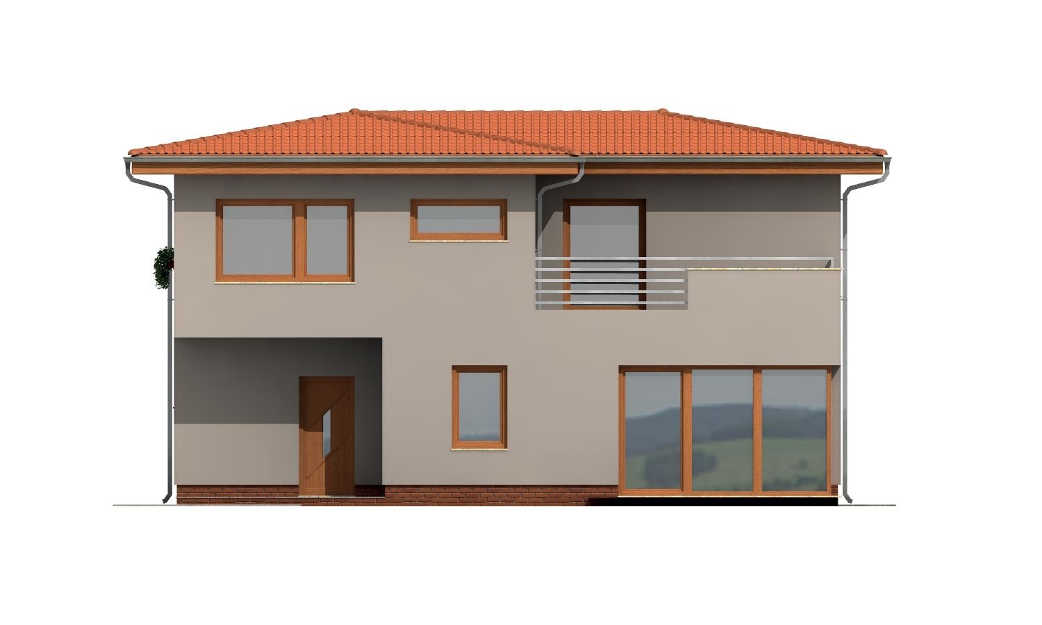 Pohľad 3. - Moderní poschoďový dům s garáží a obytnou terasou na patře.
