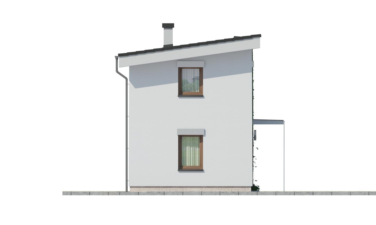 Pohľad 4. - Levný dům na úzký pozemek s nízkou pultovou střechou, vhodný i jako zahradní domek.