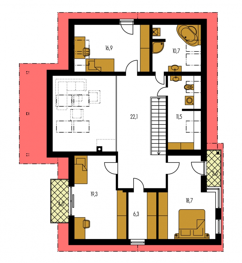 Pôdorys Poschodia - Prostorný dům s garáží a galerií v obývacím pokoji.